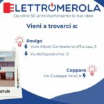 Sedi di elettromerola su sfondo bianco ed inserti in blu, con una foto della sede centrale dell'azienda.