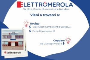 Sedi di elettromerola su sfondo bianco ed inserti in blu, con una foto della sede centrale dell'azienda.