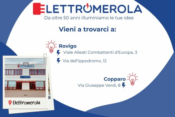 Sedi di elettromerola su sfondo bianco ed inserti in blu, con una foto della sede centrale dell'azienda.