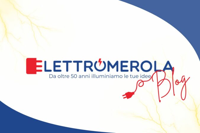 Elettromerola blog su sfondo bianco, fulmini elettrici e ombre blu.