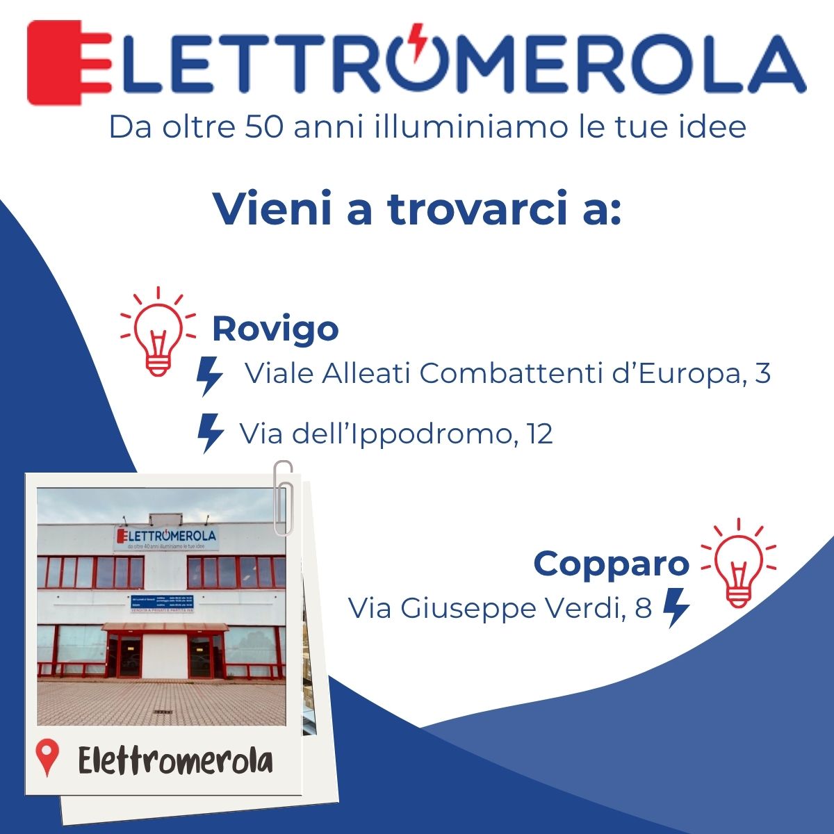 Grafica Elettromerola con indirizzi delle sedi e foto del negozio di Rovigo. I colori usati sono il bianco, il blu e il rosso.