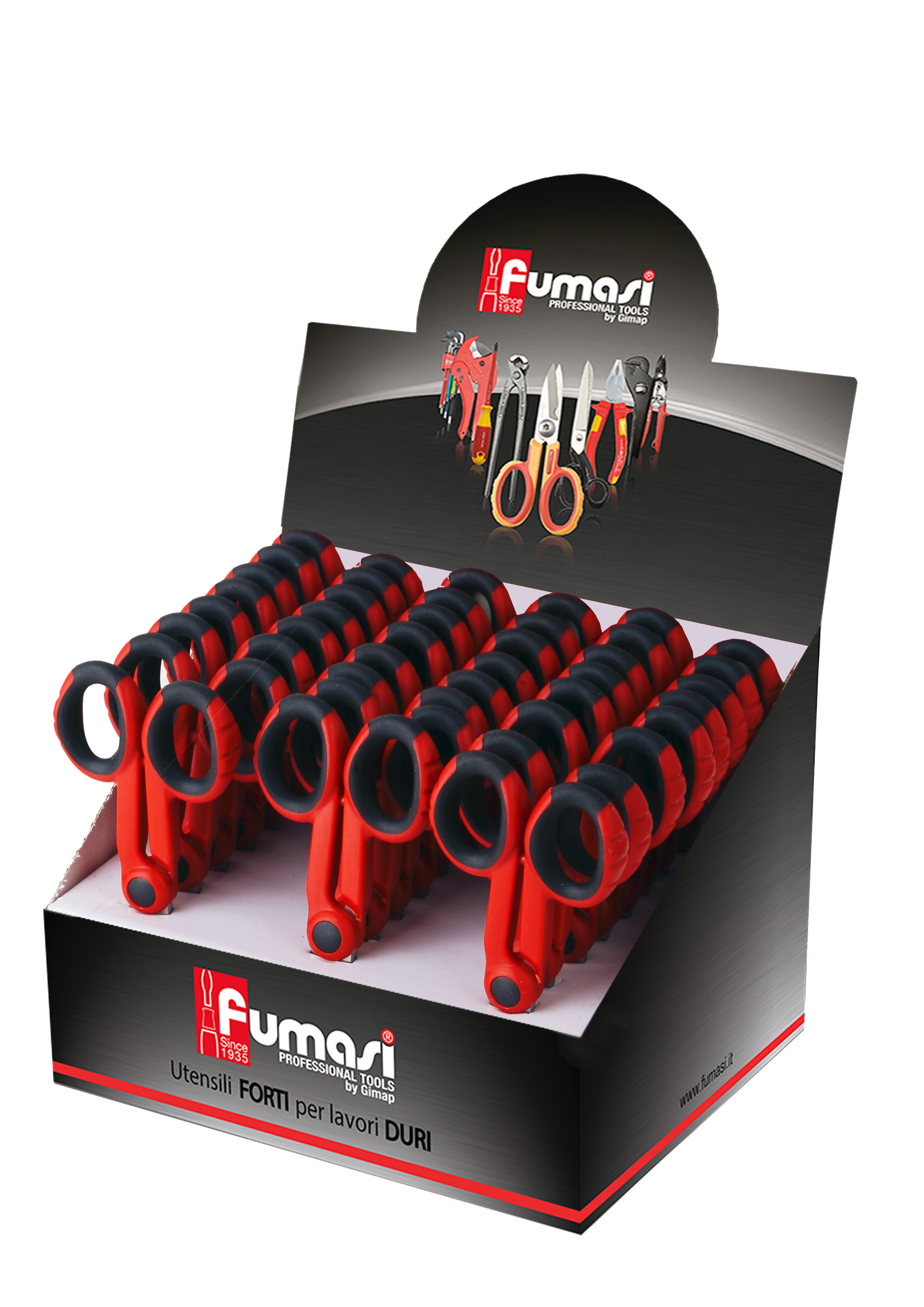 Espositore da banco con 24 forbici INOX x elettricisti con tagliacavo, bullone regolabile, manico bicomponente