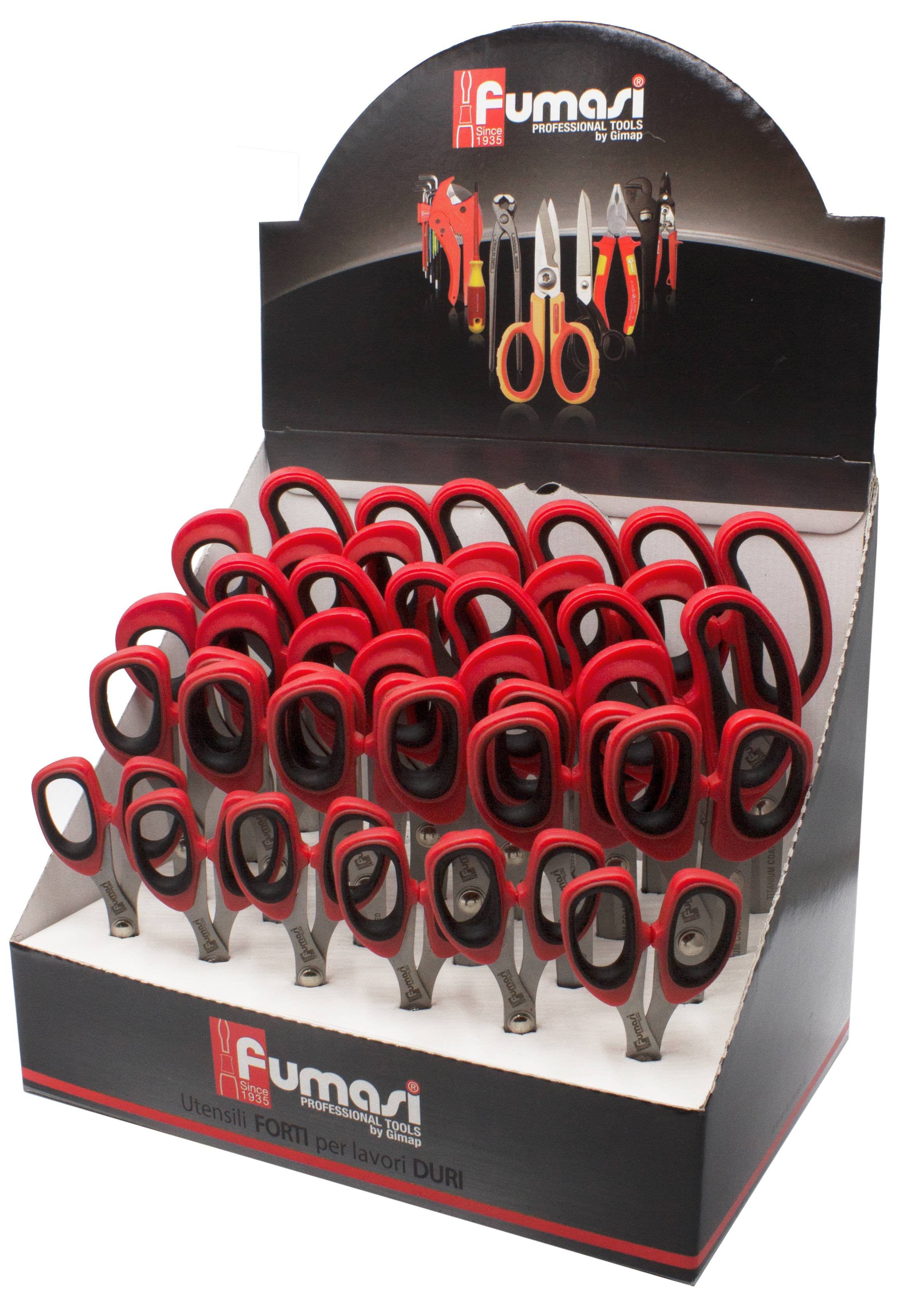 Espositore da banco con 24 forbici multiuso lame microdentate Inox rivestite al titanio