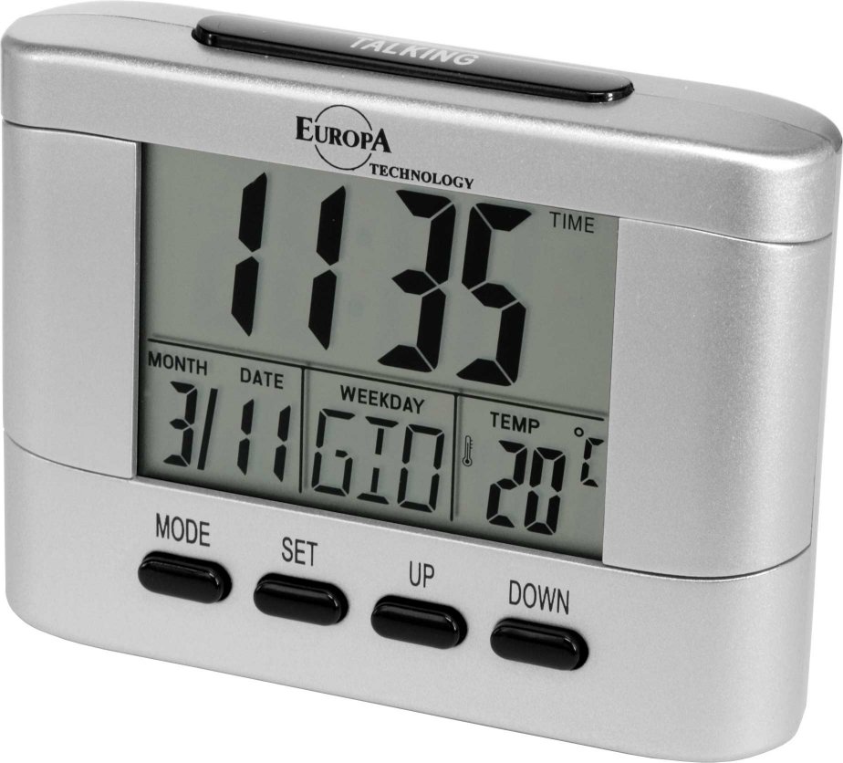 SVEGLIA QUARZO LCD PARLANTE CALEN./TEMP. 9,5X7CM SILVER