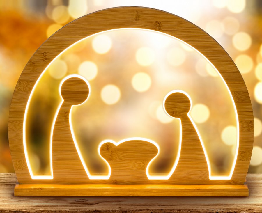 Natività Grotta in legno con base d'appoggio 50cm bianco caldo