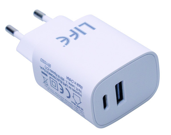 Alimentatore carica veloce 1 porta USB-C e 1 porta USB-A 20W Tensione uscita USB 5V, 9V, 12V