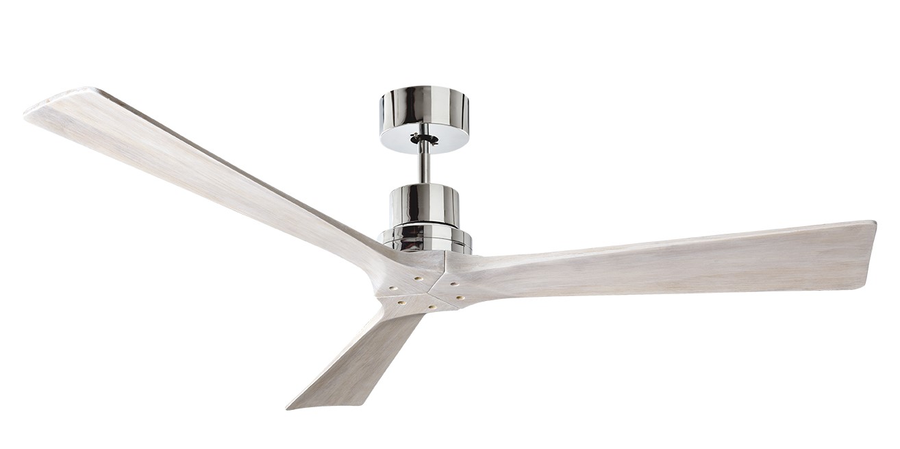 Ventilatore in metallo cromo lucido 3 pale in legno chiaro Ø 130cm