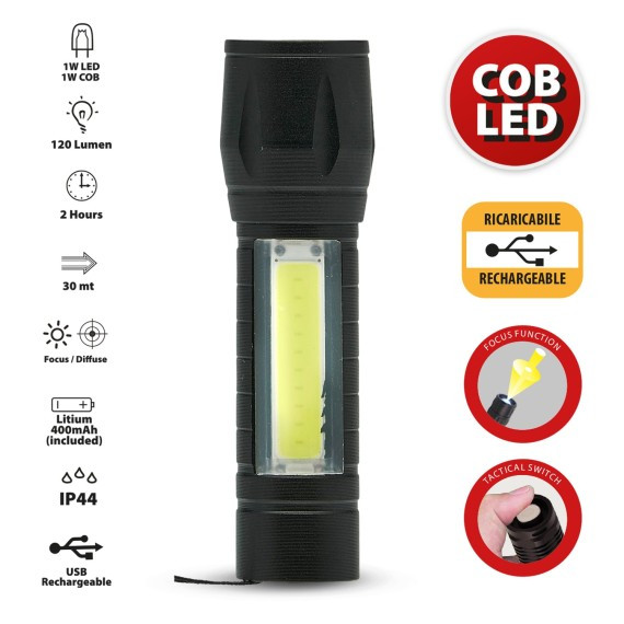 THOR MAX Torcia ricaricabile LED 1W con funzione zoom e lanterna laterale.