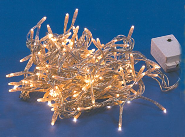 MINILUCCIOLE 180 LUCI BIANCHE C/MOTORINO 8 GIOCHI DI LUCE FILO TRASPARENTE.