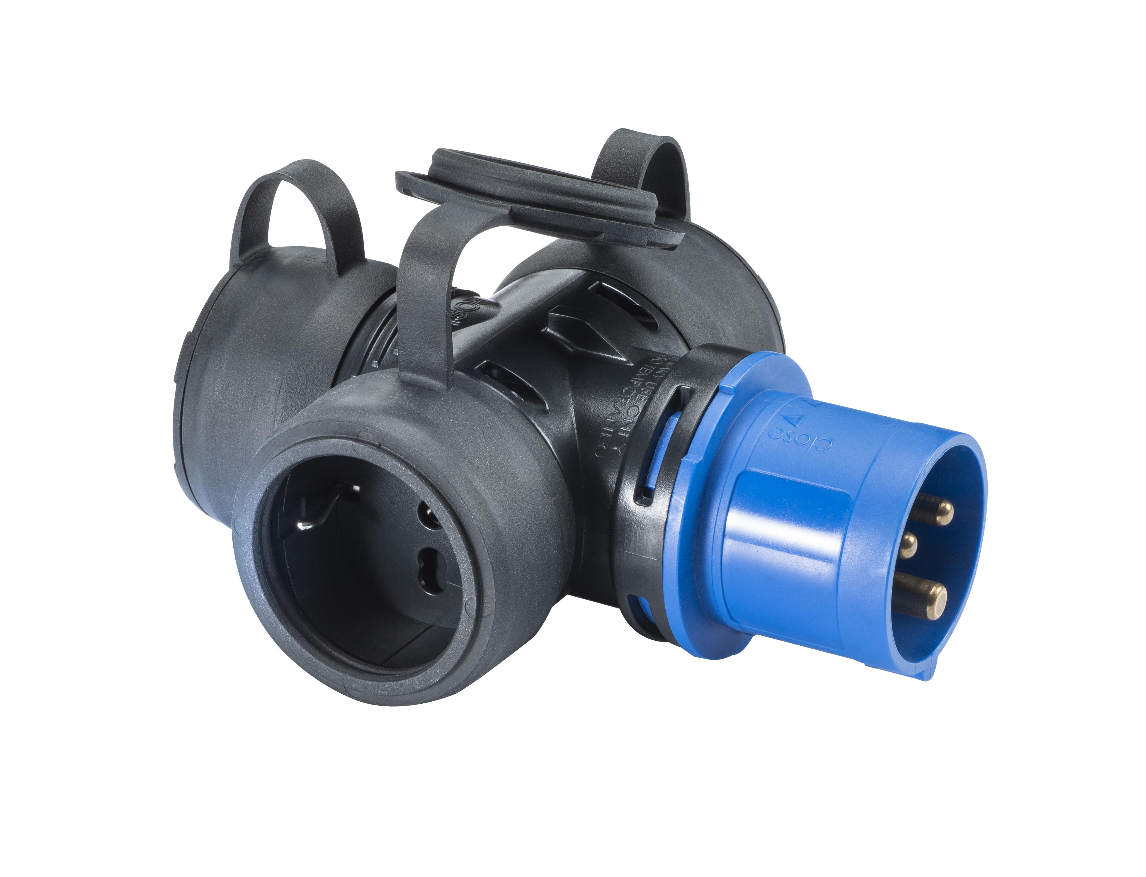 ADATTATORE CON 3 PRESE SCHUKO universale e SPINA INDUSTRIALE BLU 2P+T 16A IP54