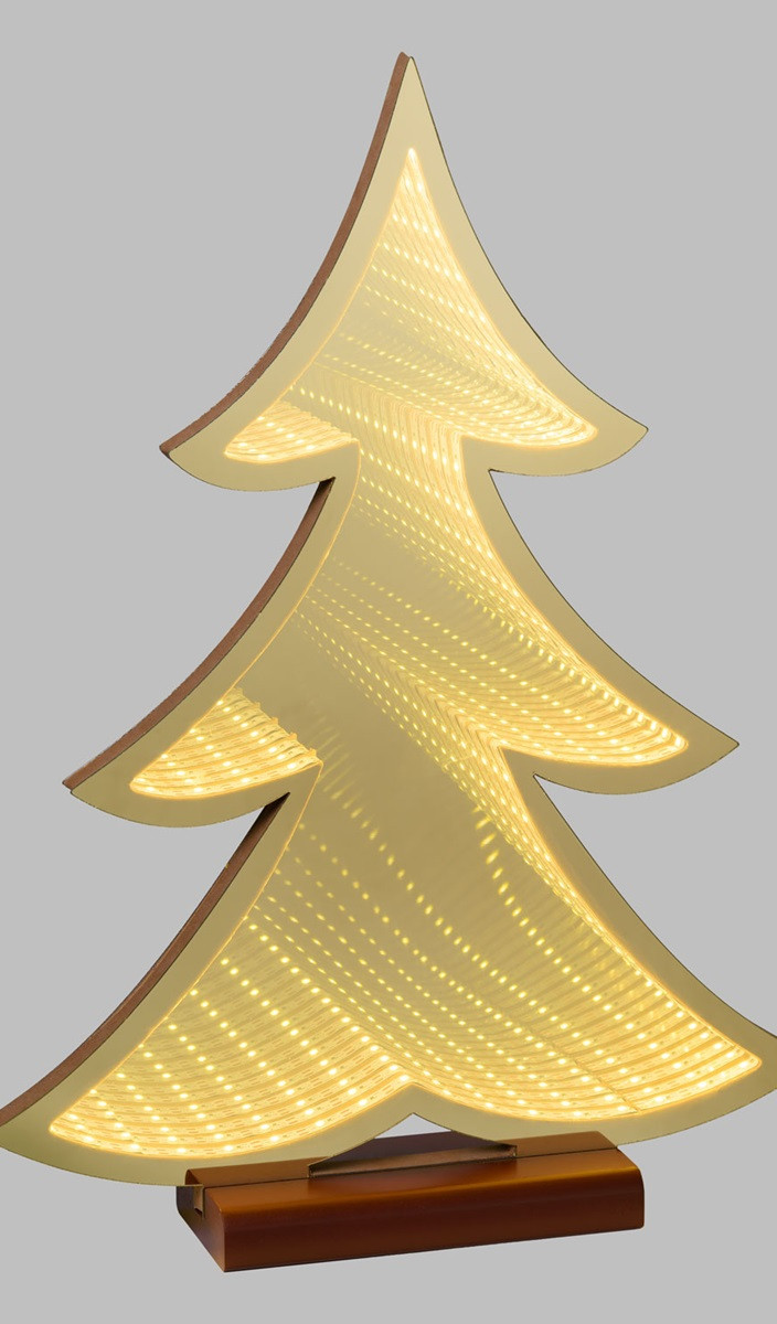Albero Natale ORO H.40cmcon base legno x appoggio effetto tridimensionale a specchio Led bianco caldo