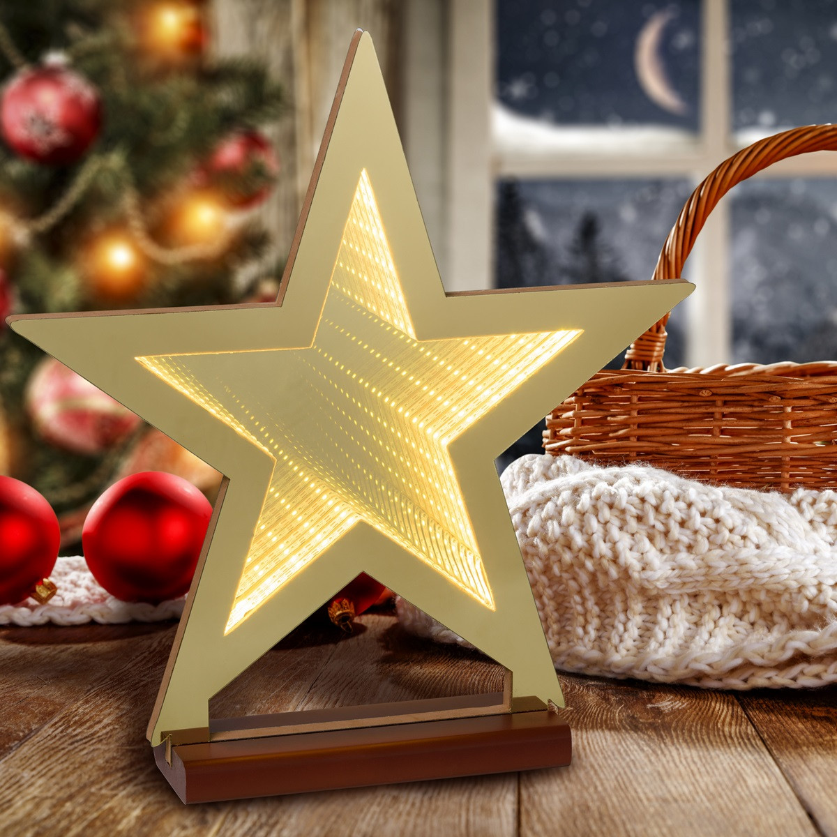 STELLA ORO Ø 35mm con base legno x appoggio effetto tridimensionale a specchio Led bianco caldo