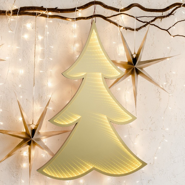 Albero Natale ORO H.60cm da appendere effetto tridimensionale a specchio Led bianco caldo