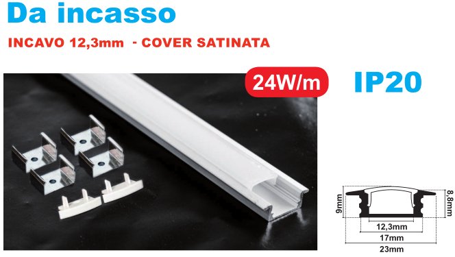 KIT PROFILO 2MT ALLUMINIO INCASSO 12,3MM + COVER SATINATA + ACCESSORI