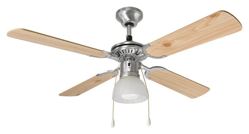 Ventilatore in metallo bianco con Kit luce E27 4 pale in legno Ø 105cm