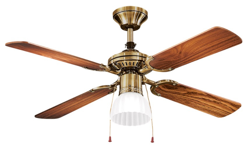 Ventilatore Ø 105 ottone brunito con Kit luce E27 4 pale in legno