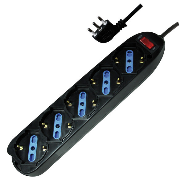 Multipresa 5 prese universali + cavo + interruttore protezione Spina 16A 90° ( a pipa )
