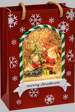 Borsa Shopper Albero Babbo Natale e Pupazzo suSlittino Rosso GLITTER LED H22cm