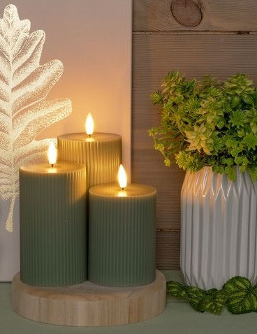 Set 3 Candela Cilindrica a Coste ø7,5cm da 10-12-15cm in Cera Verde 3D Wick Flame c/Telecomando
