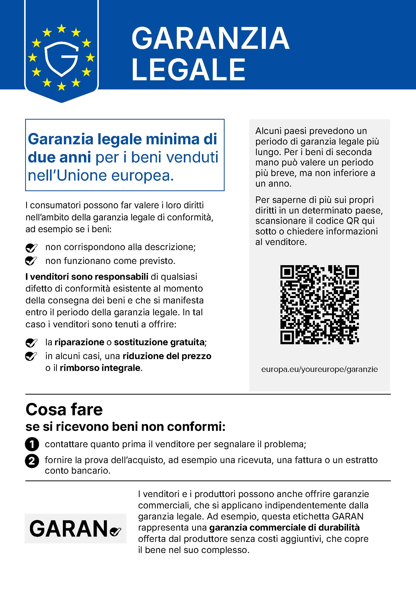 Avviso armonizzato UE sulla garanzia legale di conformit&agrave; ed etichetta di durabilit&agrave; GARAN