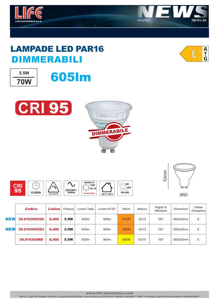 GU10 Dimmerabile CRI95 605Lm 5,5W