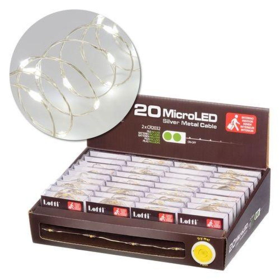 Catena 20 MicroLED a batteria ( 2xCR2032) Bianco Freddo, cavo metel argento 1,90cm KIN65741